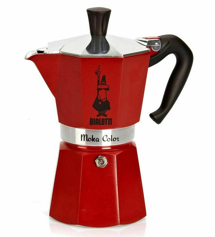 Red Bialetti Italian coffee pot with 6 cups, used for brewing traditional espresso in the kitchen.