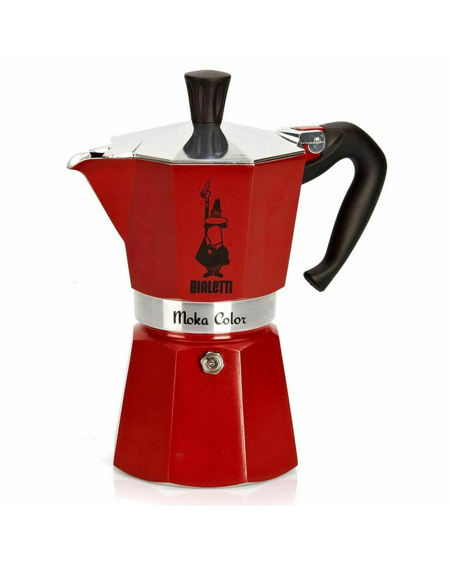 Red Bialetti Italian coffee pot with 6 cups, used for brewing traditional espresso in the kitchen.