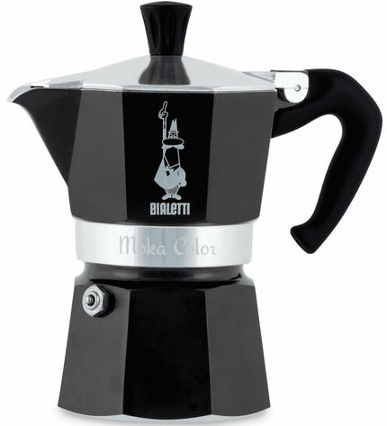 Black Bialetti Moka Express Italian coffee pot made of aluminum with 200 ml capacity, used for brewing espresso at home.