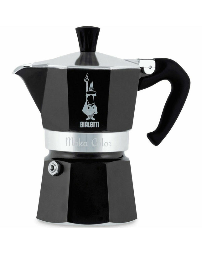 Black Bialetti Moka Express Italian coffee pot made of aluminum with 200 ml capacity, used for brewing espresso at home.