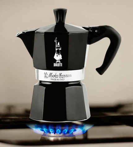 Black Bialetti Moka Express Italian coffee pot in aluminum, 200 ml, ideal for brewing rich espresso at home.