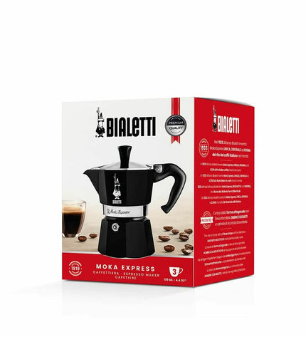 Black Bialetti Moka Express Italian coffee pot in aluminum, 200 ml, used for brewing traditional stovetop espresso.