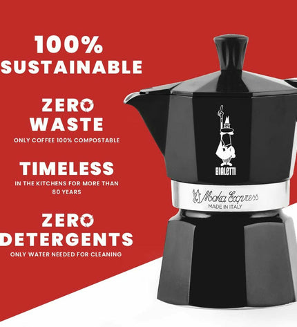 Black Bialetti Moka Express aluminum coffee pot, 200 ml, for stovetop brewing of Italian coffee.
