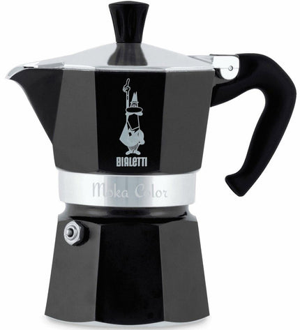 Black Bialetti Moka Express Italian coffee pot for stovetop brewing, with classic octagonal design and ergonomic handle.
