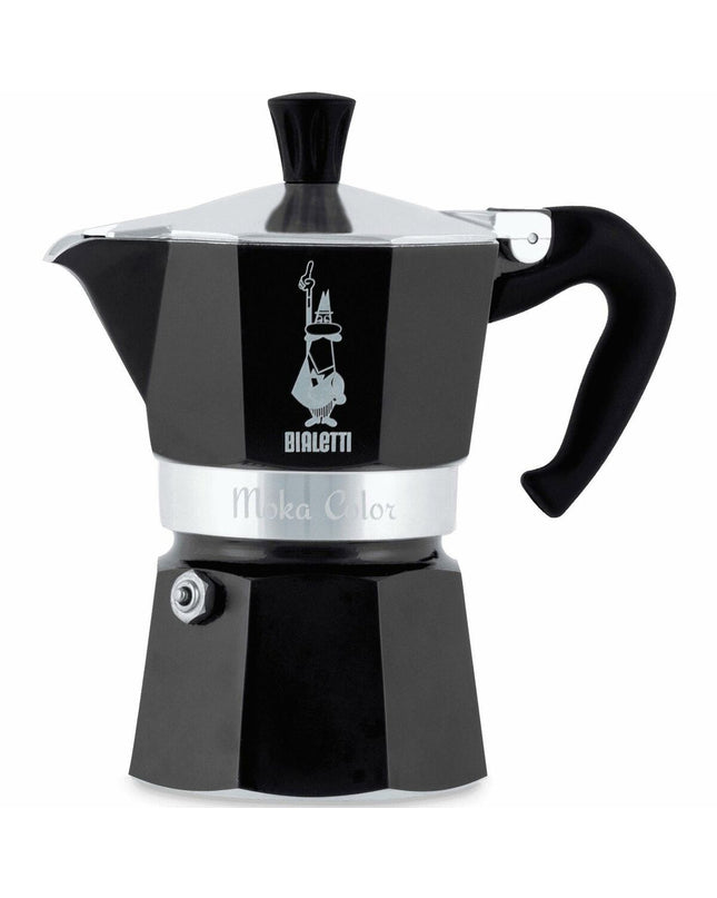 Black Bialetti Moka Express Italian coffee pot for stovetop brewing, with classic octagonal design and ergonomic handle.