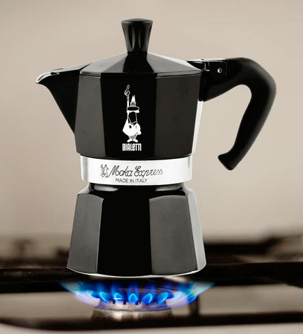 Black Bialetti Moka Express Italian coffee pot for stovetop brewing, suitable for brewing rich espresso-style coffee at home.