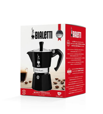 Black Bialetti Moka Express Italian coffee pot for stovetop brewing, with classic octagonal design and handle visible.