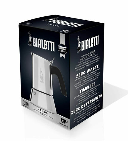 Bialetti New Venus Italian coffee pot in silver stainless steel, stovetop moka maker for rich espresso-style coffee.