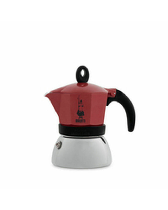 Red Bialetti Italian coffee pot made of metal aluminum, 150 ml, suitable for brewing traditional espresso at home.