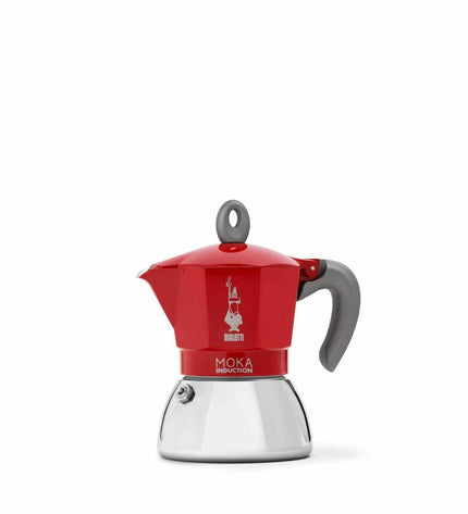 Red Bialetti Italian coffee pot made of metal aluminum, 150 ml, designed for brewing espresso in the kitchen.