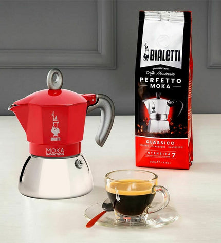 Red Bialetti Italian coffee pot made of aluminum, 150 ml, suitable for brewing espresso and traditional coffee at home.