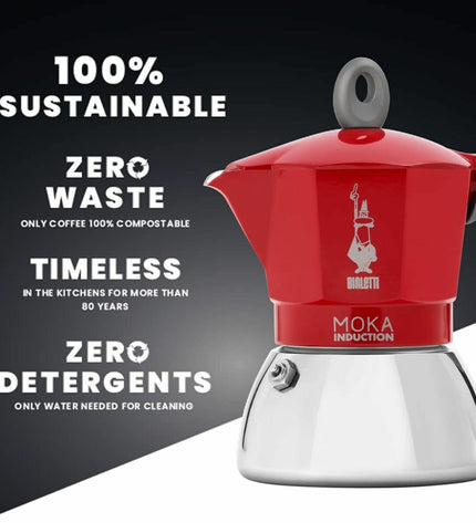 Red Bialetti Italian coffee pot made of aluminum metal, 150 ml, suitable for brewing espresso on the stove.