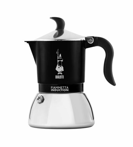 Bialetti Fiammetta Induct Italian coffee pot in black aluminium with four cups for brewing espresso at home.