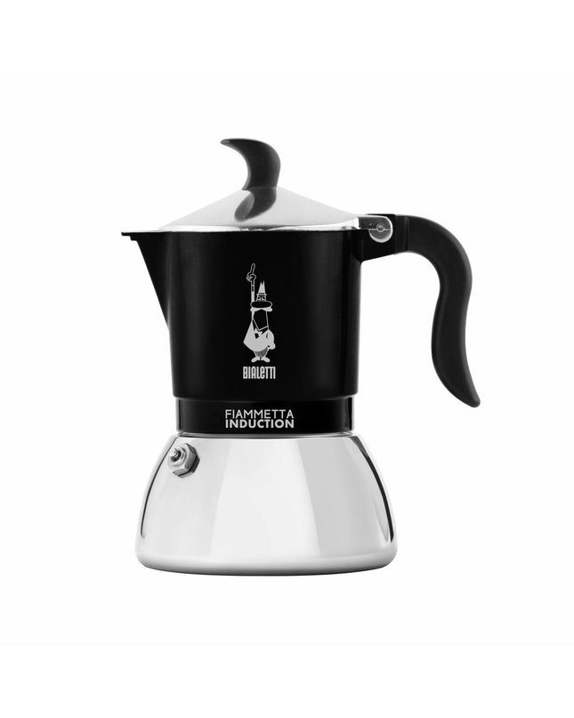 Bialetti Fiammetta Induct Italian coffee pot in black aluminium with four cups for brewing espresso at home.