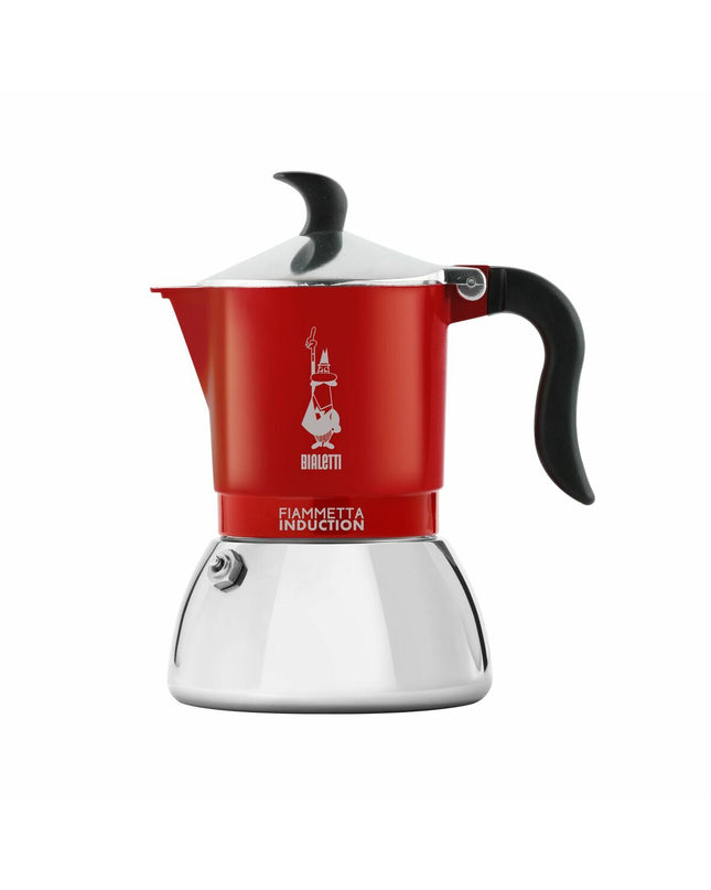 Bialetti Fiammetta Italian coffee pot in red stainless steel, 2-cup capacity, for induction stovetops, kitchen and coffee brewing.