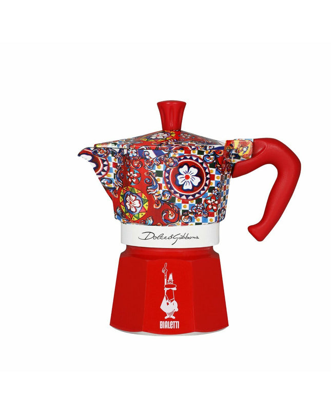 Bialetti Moka Express D&G 3-tcup Italian coffee pot for stove, made of aluminum with black handle and lid.