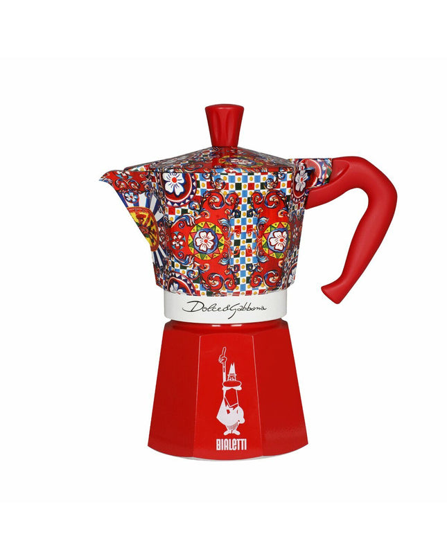 Bialetti Moka Express D&G 6-cup Italian coffee pot in red and silver aluminum, designed for brewing espresso.