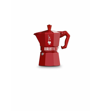 Red Bialetti Moka Express Italian coffee pot in aluminum, 3-cup size, for brewing authentic espresso at home.