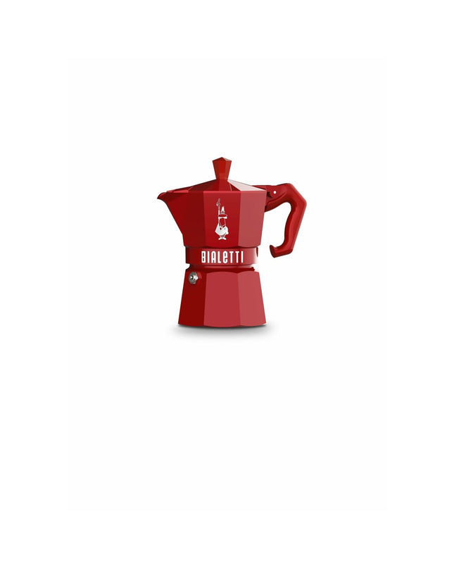 Red Bialetti Moka Express Italian coffee pot in aluminum, 3-cup size, for brewing authentic espresso at home.