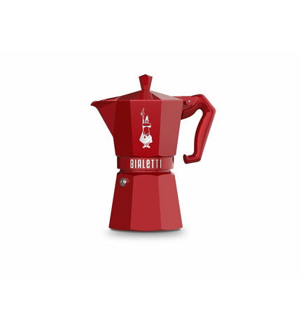 Red Bialetti Moka Express Italian coffee pot in aluminum, 6-cup size, for brewing rich espresso at home.