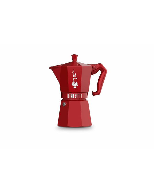 Red Bialetti Moka Express Italian coffee pot in aluminum, 6-cup size, for brewing rich espresso at home.
