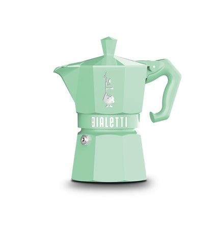 Bialetti MOKA EXCLUSIVE green aluminum Italian coffee pot with 3 cups for brewing espresso at home.