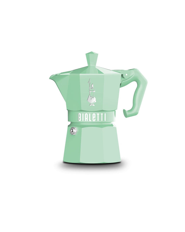 Bialetti MOKA EXCLUSIVE green aluminum Italian coffee pot with 3 cups for brewing espresso at home.