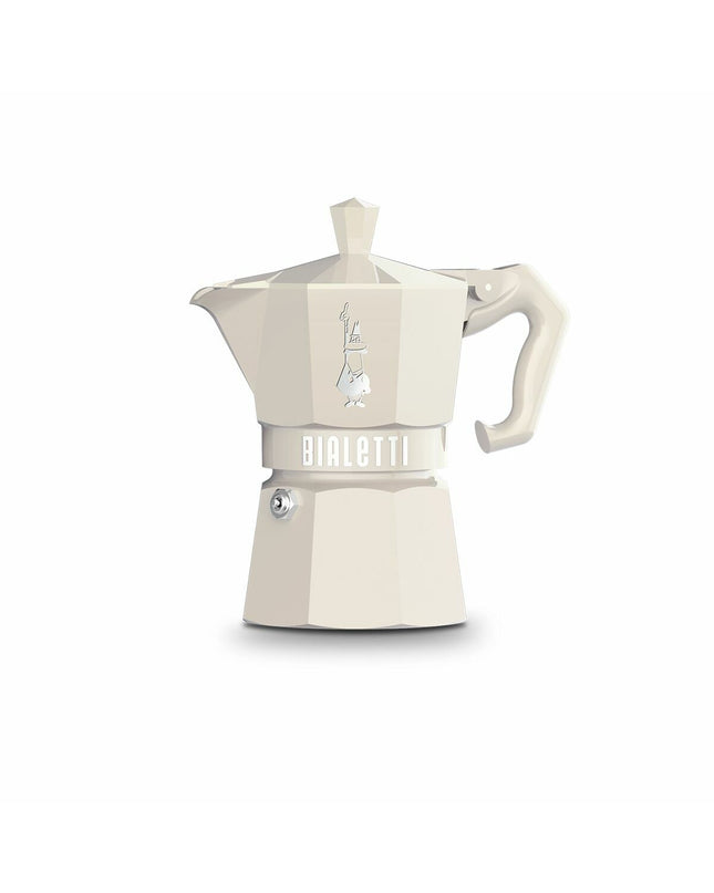 Bialetti Moka Express crème aluminium Italian coffee pot with three cups, used for brewing espresso-style coffee.