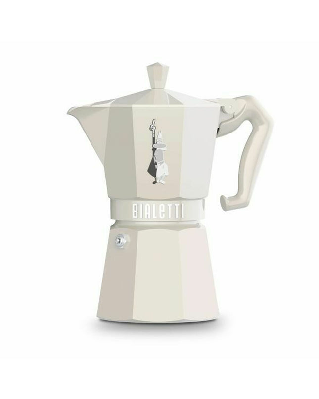 Bialetti Moka Exclusive crème aluminum Italian coffee pot with six cups for making rich espresso at home.