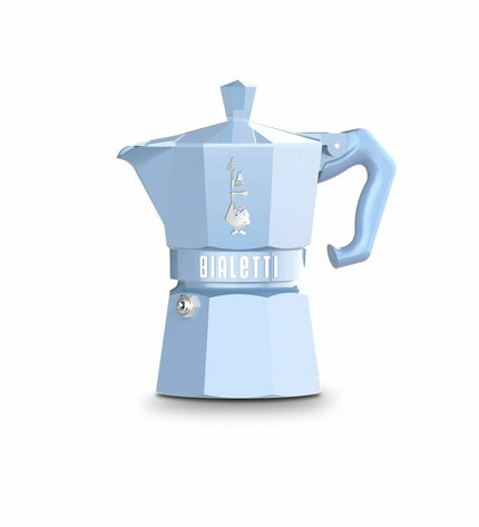 Bialetti Moka Exclusive blue aluminum Italian coffee pot with 3 cups for brewing espresso-style coffee.