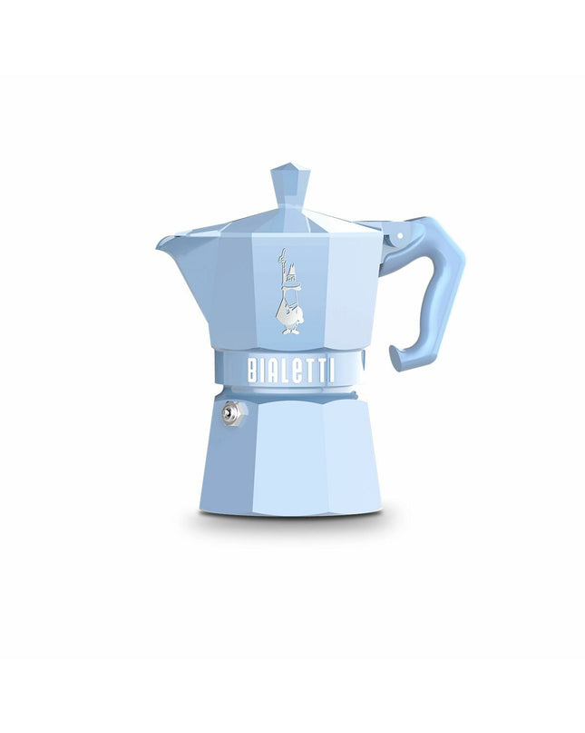 Bialetti Moka Exclusive blue aluminum Italian coffee pot with 3 cups for brewing espresso-style coffee.