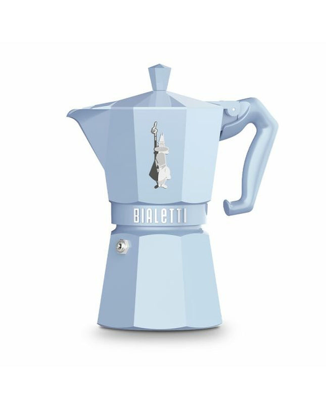 Blue Bialetti Moka Express Italian coffee pot for 6 cups, aluminum stovetop espresso maker suitable for home brewing.