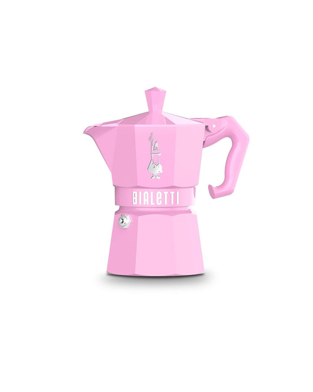 Bialetti Moka Exclusive 3-tassen roze aluminium koffiepot with plastic and bakelite handles for brewing espresso.