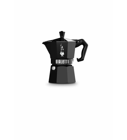 Bialetti Moka Express black aluminum Italian coffee pot with 3 cups for stovetop brewing.