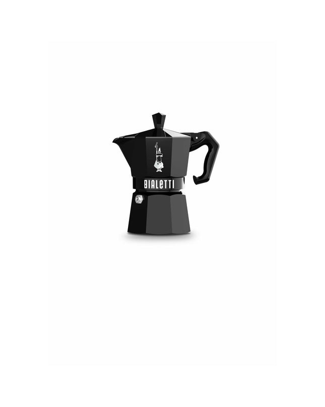 Bialetti Moka Express black aluminum Italian coffee pot with 3 cups for stovetop brewing.