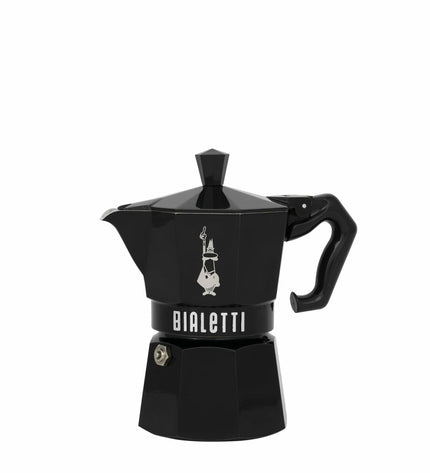Black Bialetti Moka Express Italian coffee pot with three spouts, made of durable aluminum for stovetop brewing.