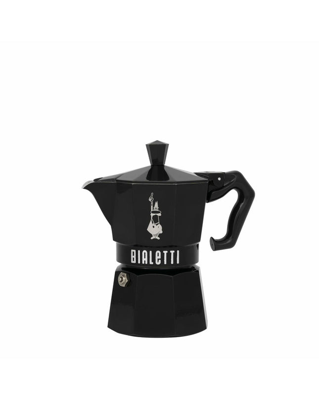 Black Bialetti Moka Express Italian coffee pot with three spouts, made of durable aluminum for stovetop brewing.