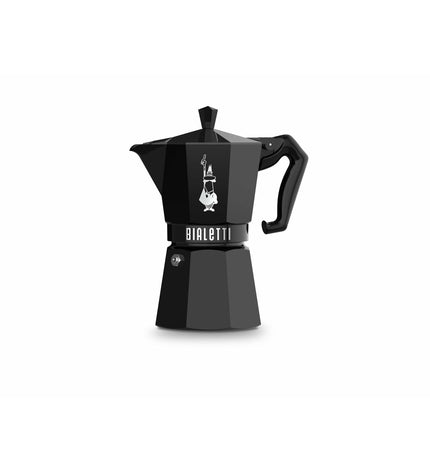 Bialetti Moka EXCLUSIVE black aluminum stovetop coffee pot with 6 cups, ideal for brewing authentic Italian coffee.