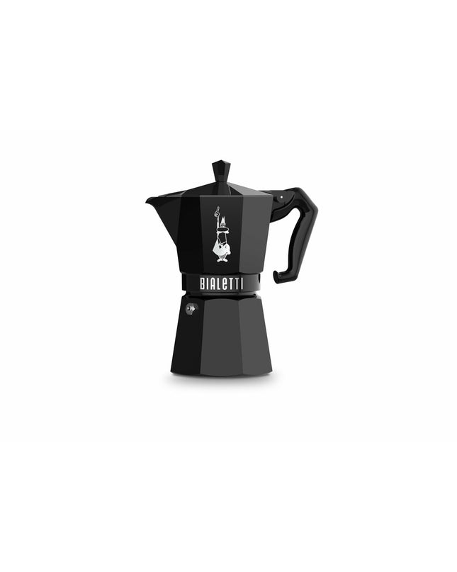 Bialetti Moka EXCLUSIVE black aluminum stovetop coffee pot with 6 cups, ideal for brewing authentic Italian coffee.