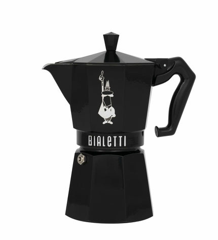Bialetti Moka Exclusive black aluminum Italian coffee pot with 6 cups for stovetop brewing.