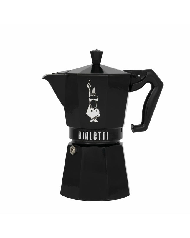 Bialetti Moka Exclusive black aluminum Italian coffee pot with 6 cups for stovetop brewing.
