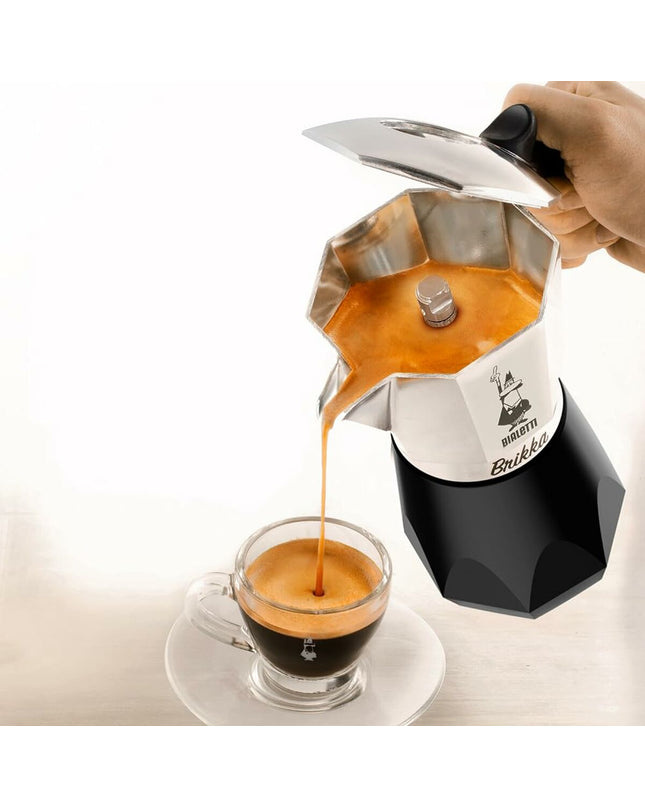 Bialetti Brikka Italian coffee pot in black aluminum, 2-cup size, ideal for brewing rich espresso-style coffee at home.