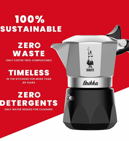 Bialetti Brikka Italian coffee pot in black aluminum, 2-cup size, used for making rich, flavorful espresso coffee at home.
