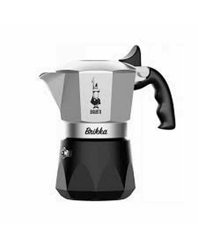 Bialetti Brikka Italian coffee pot in black aluminum with two cups, ideal for brewing rich espresso-style coffee at home.