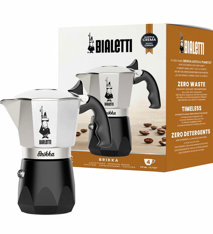 Bialetti Brikka Italian coffee pot in aluminum with 4 cups, used for brewing rich espresso-style coffee at home