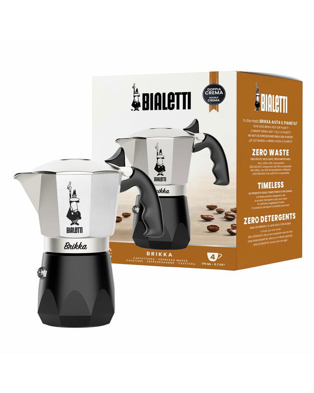 Bialetti Brikka Italian coffee pot in aluminum with 4 cups, used for brewing rich espresso-style coffee at home