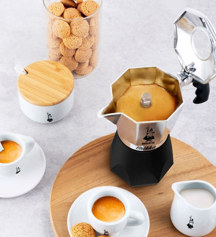 Bialetti Brikka Italian coffee pot in aluminum with 4 cups, designed for brewing rich espresso-style coffee at home