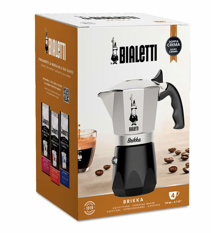 Bialetti Brikka Italian coffee pot in aluminum, 4-cup size, showing the stovetop espresso maker with handle and spout