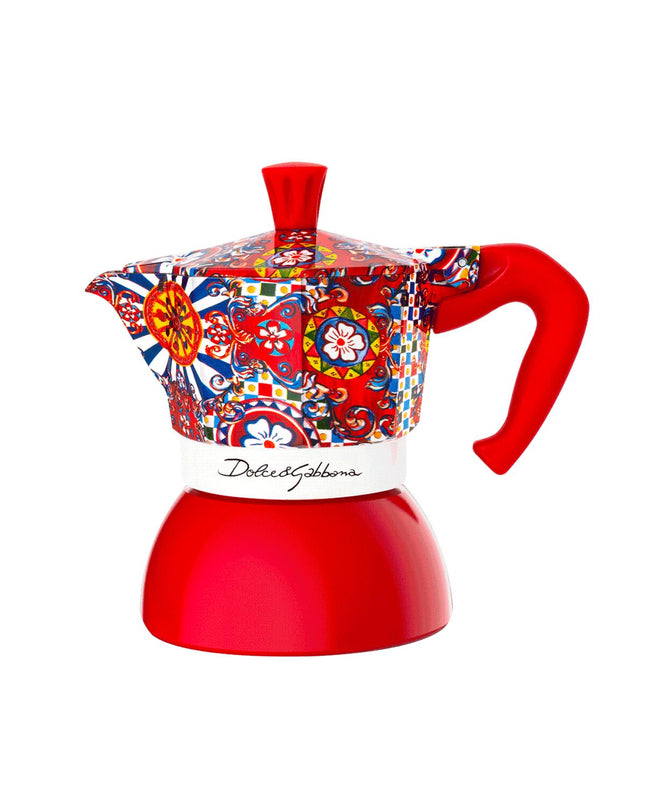 Red Bialetti Italian coffee pot in aluminum, 2-cup size, suitable for making traditional espresso at home.