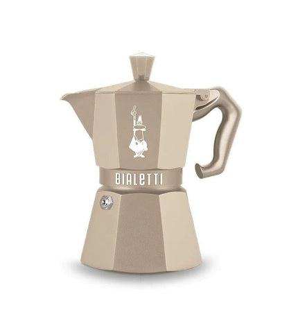 Bialetti Exclusive Italian coffee pot with three cups, ideal for brewing rich espresso at home.